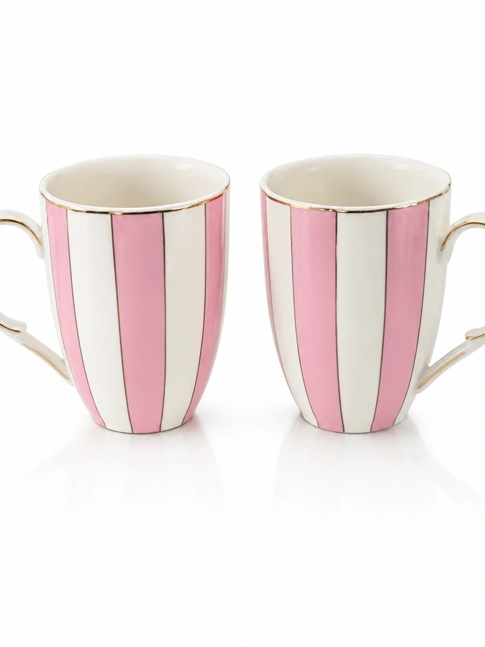 Grace Teaware Pink & White Striped Mug Set – Gold Trim (Set of 2)